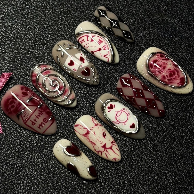 3D Floral Heart Wave Style Press On Nails 30PCS W2144 Color Safe Material