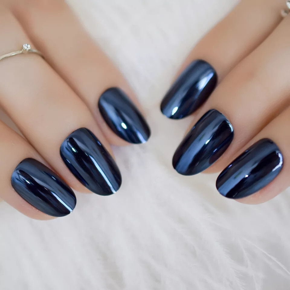 24 Short Press on nails kit w/ glue dark blue chrome mirror round oval almond