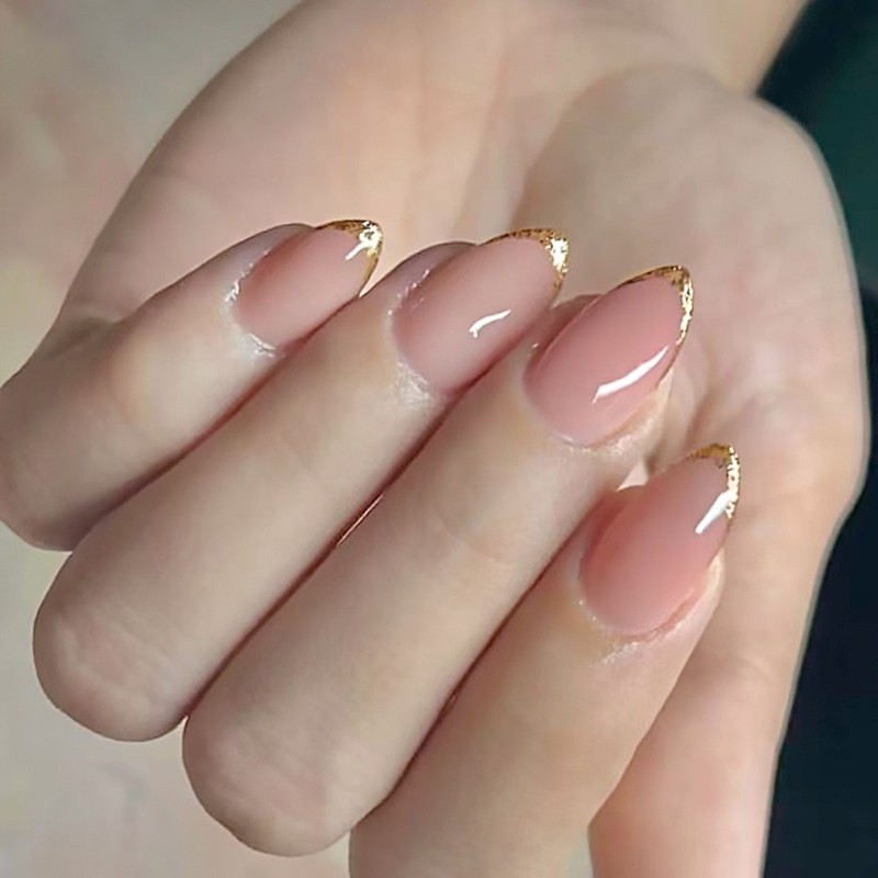 24Pc Middle Length Glitters Fake Nail Gold Trim French Tips Press On Nail