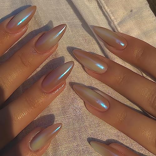 Almond Press on Nails Medium Aurora Fake Nails Glossy 67-A03Colorful Aurora