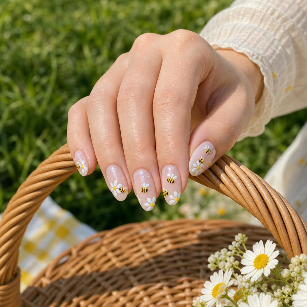 4Pcs Daisy Bee 5D Embossed Nail Art Stickers | Floral White Petal, Textured Mani