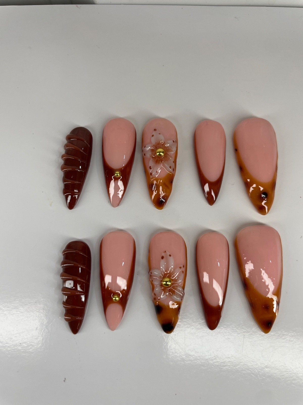 Brown Tortoise Shell Press On Nails | 3D Flower Nail Set | Nude & Brown Handmade
