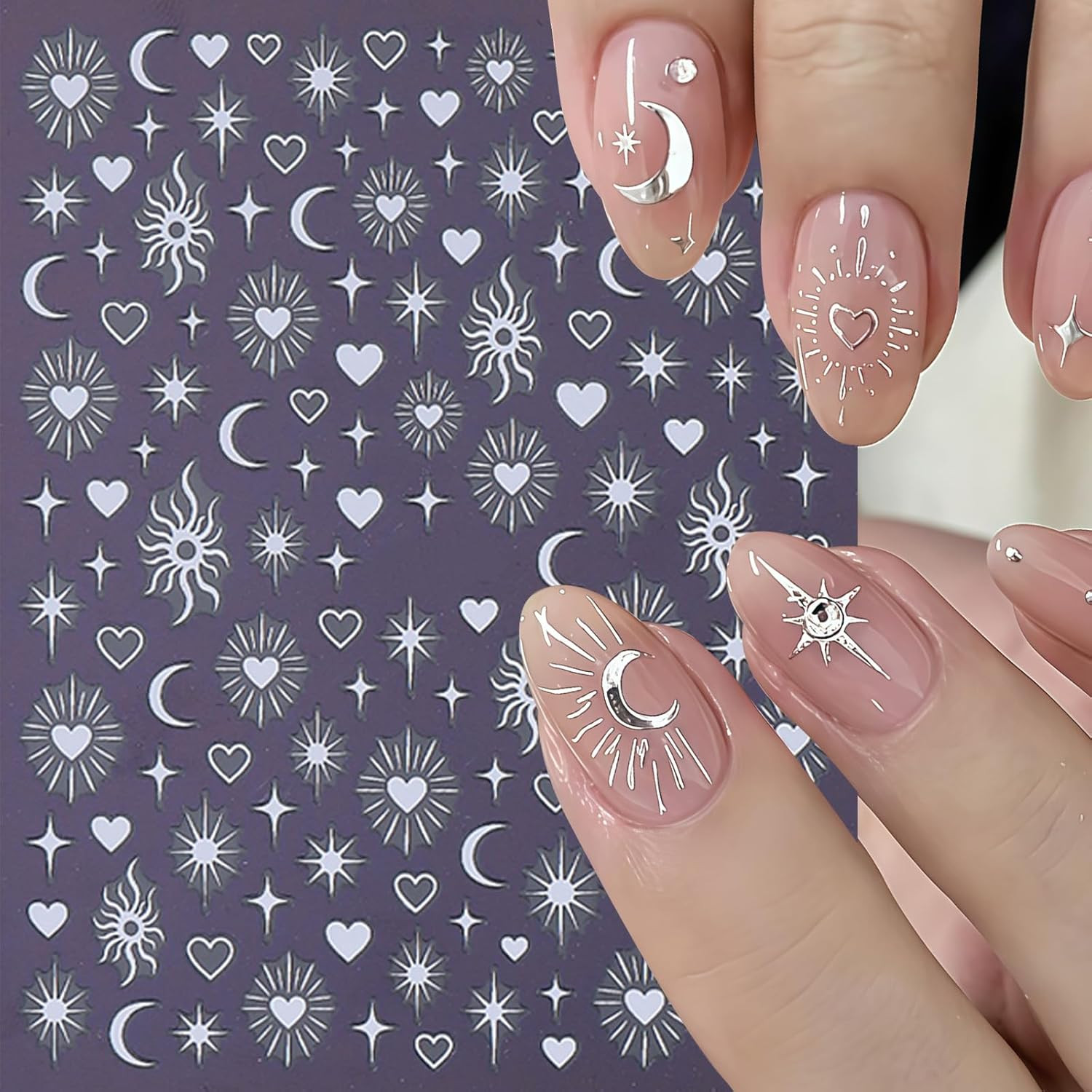 6 Sheets Gold Star Nail Stickers for Nail Art 3D Self Adhesive Moon Heart Nail A