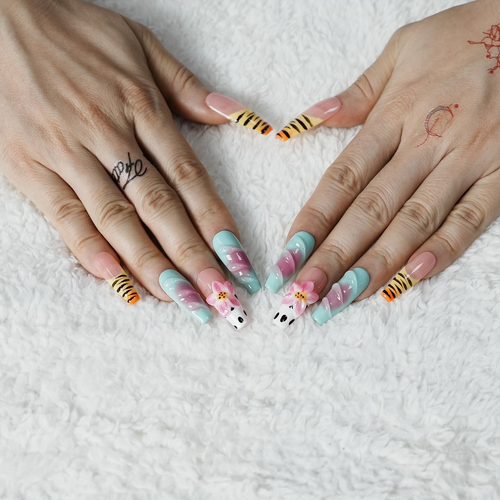 Long Coffin Press on Nails Handmade Muti-Layer Gel Fake Nails – 3D Lotus Flow…