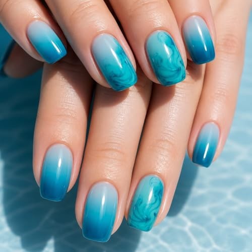 Blue Teal Gradient Press on Nails Short Square Fake Nails Ocean Wave Square-03