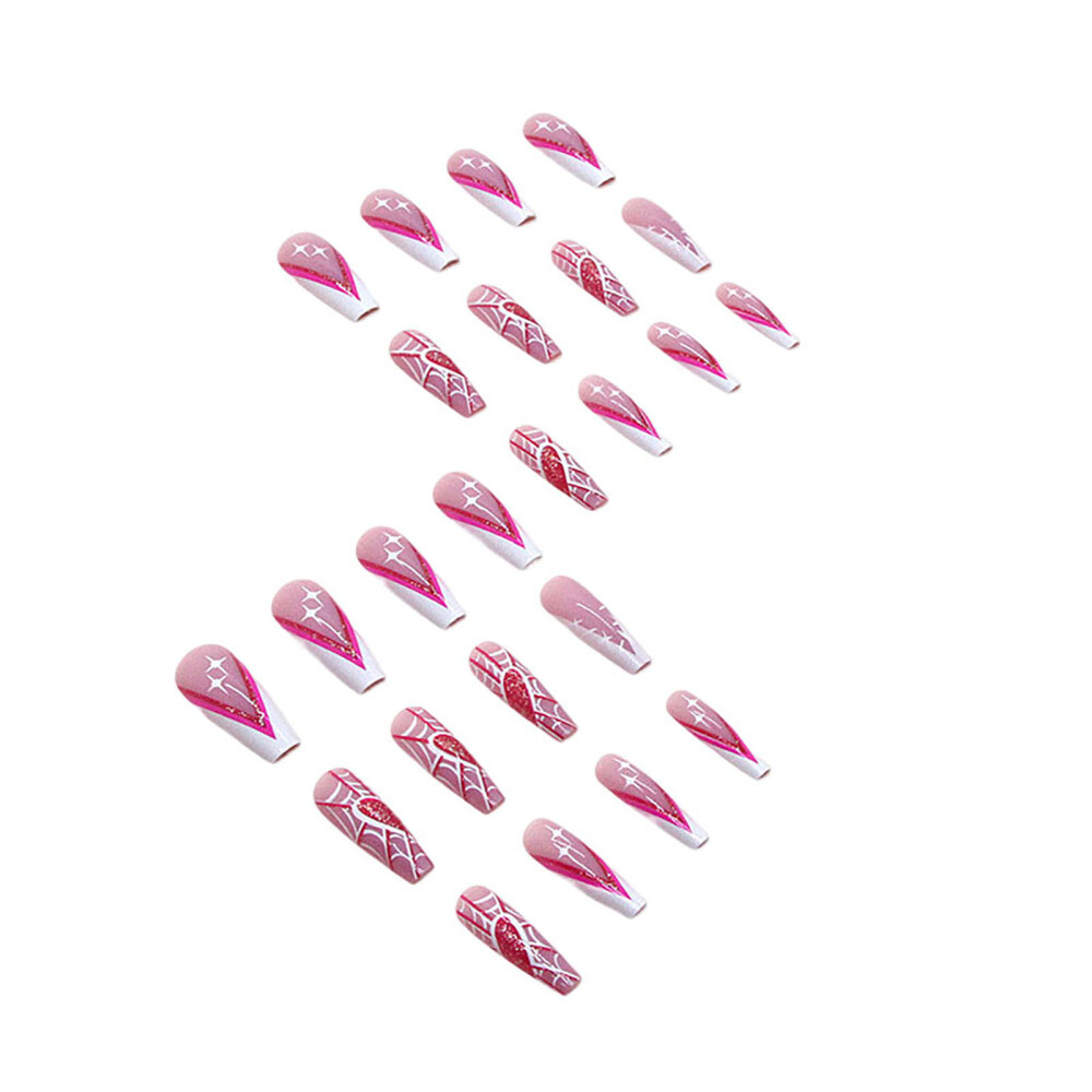 French Press on Nails with Spider Web Printed Pink Long Square Fake Nails
