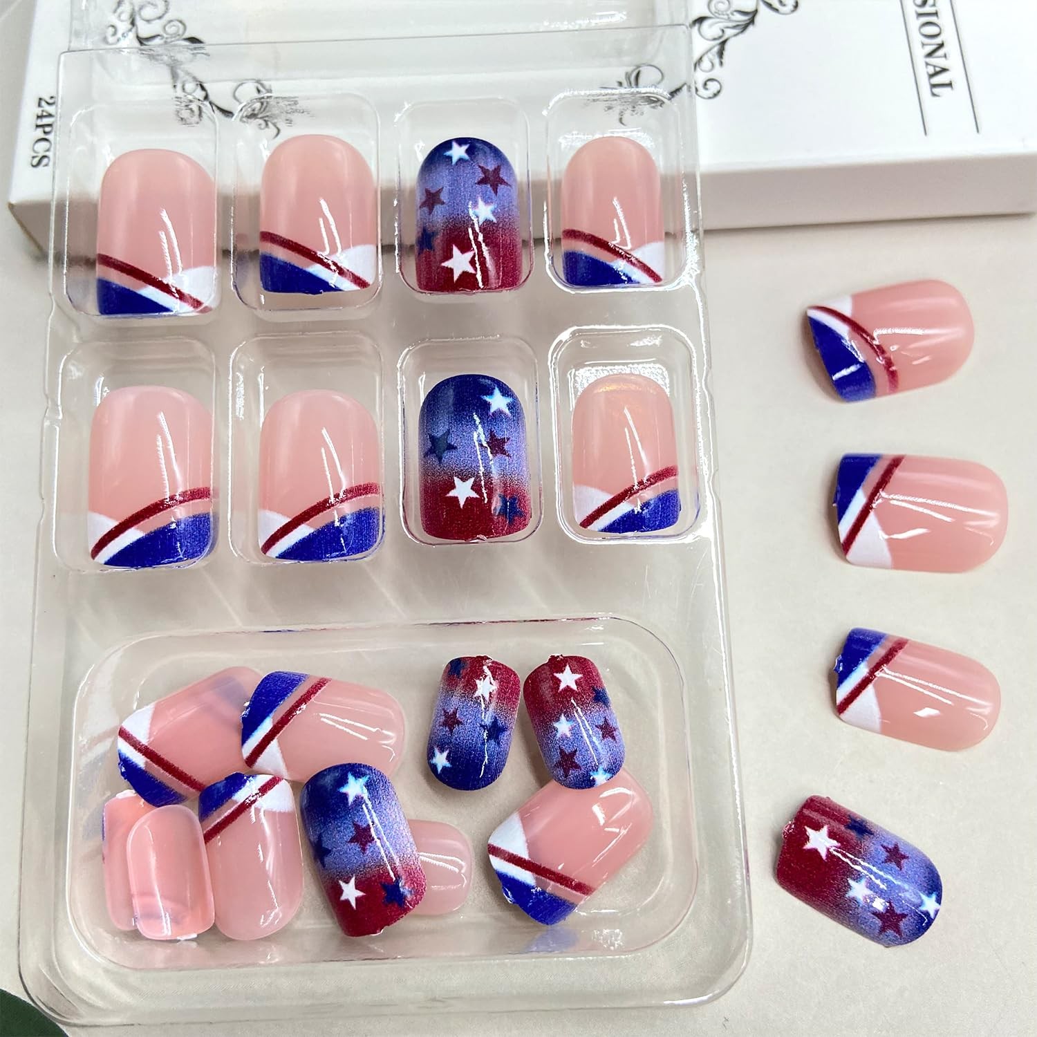 4th of July Press on Nails French Tip Independence Day False Nails Short Squa…