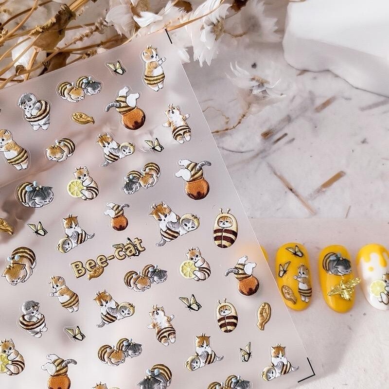 5D Bee-Cat Nail Stickers, Cartoon Nail Decals, Embossed Nail Decal Art (79)