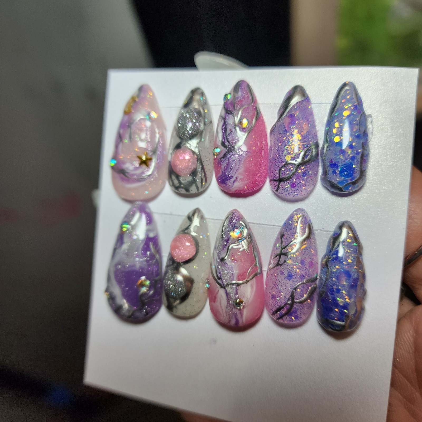 Handmade Medium Size Medium Length Stiletto Acrylic Press-ons W/Chrome Celestial