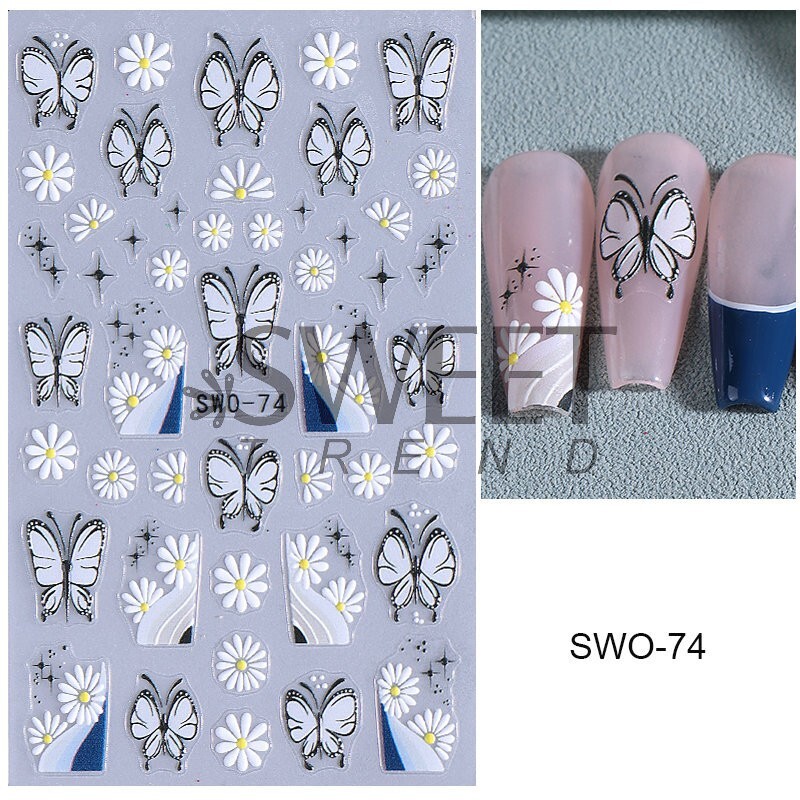 5D Red Pink Flower Camellia Nail Stickers Geometric Floral Butterfly Daisy Decal