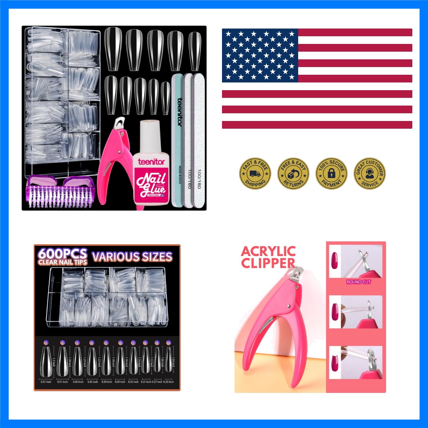 Clear Coffin Nail Tips Set, Long Acrylic Nail Kit Full Cover Clear Press On N…