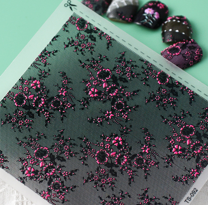 Black Red Flower Lace 5D Nail Stickers Embossed Decals Sel-adhesive TS92 NH23