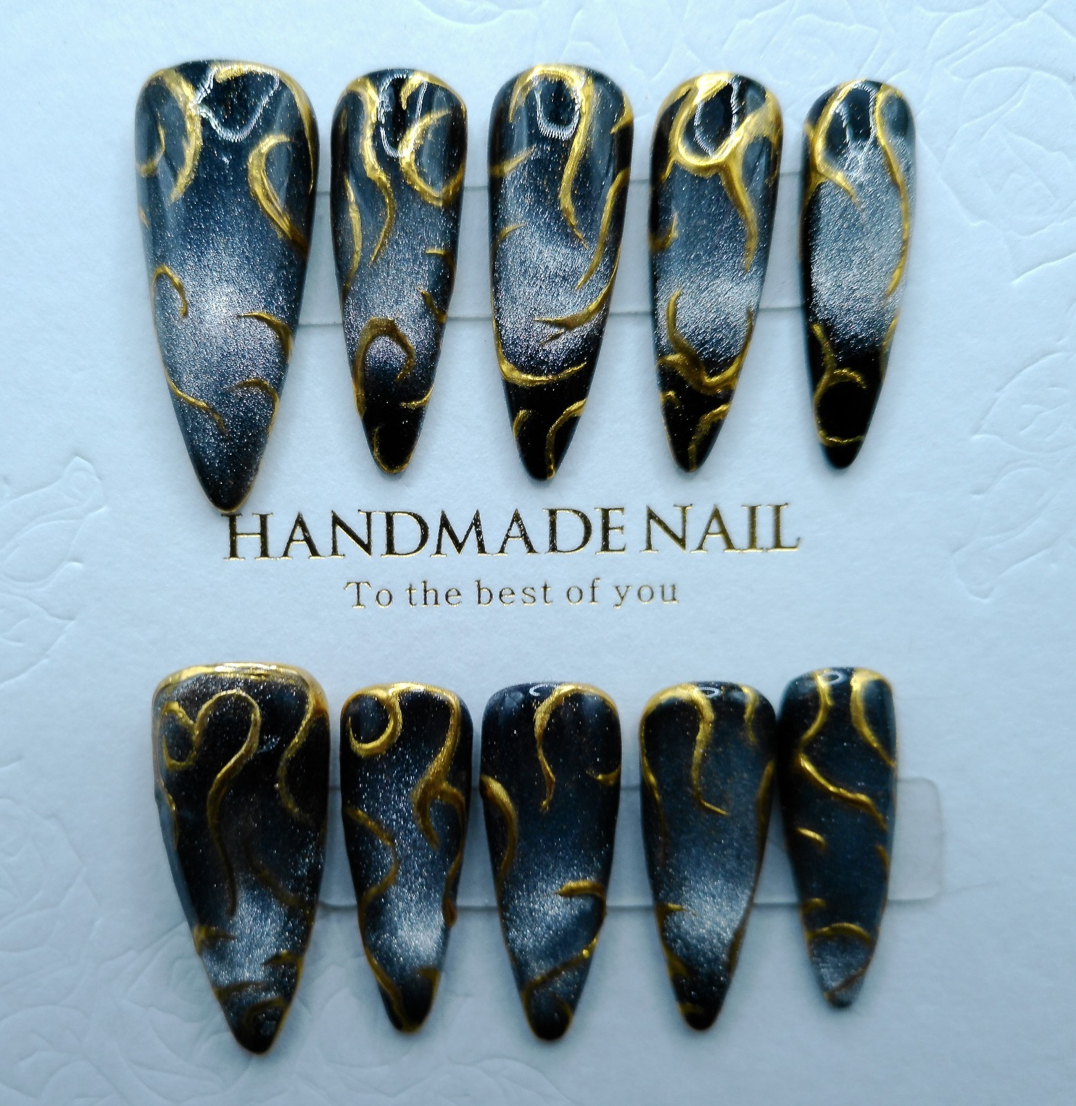 Long Stiletto Cat Eye and Chrome Press-on Nails, Medium Size