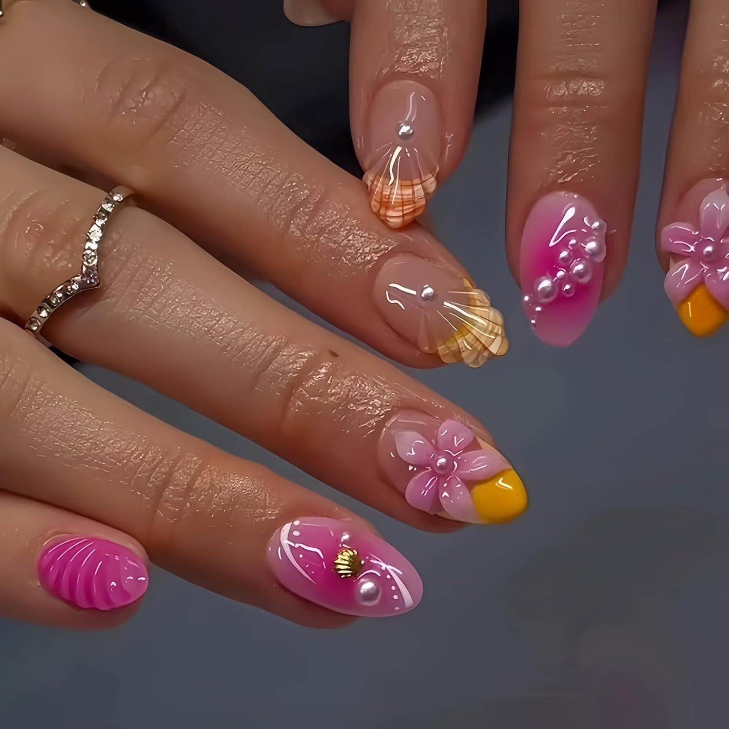 3D Summer Ocean Flower Press on Nails Short Almond Fake Nails 3D Beach Floral Sh
