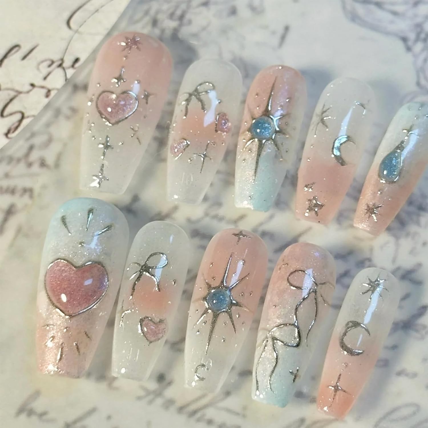 24Pcs 4th of July Press on Nails Medium Almond Full Cover Acrylic Glue On