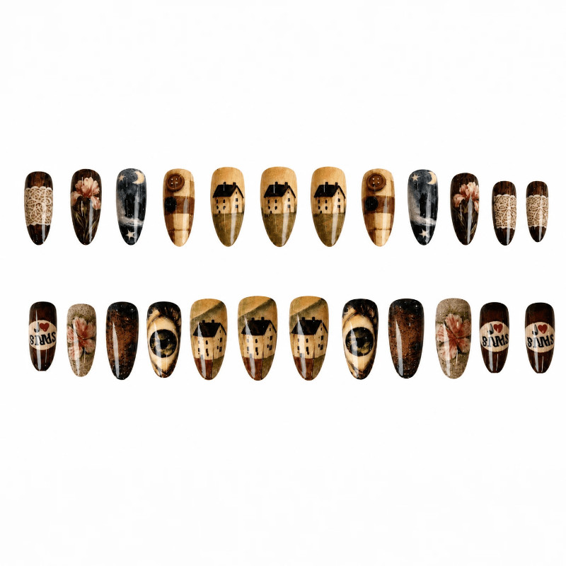 48Pcs Vintage Painting House Cat Oval Press on Nails, Artistic Gothic Fake Nails