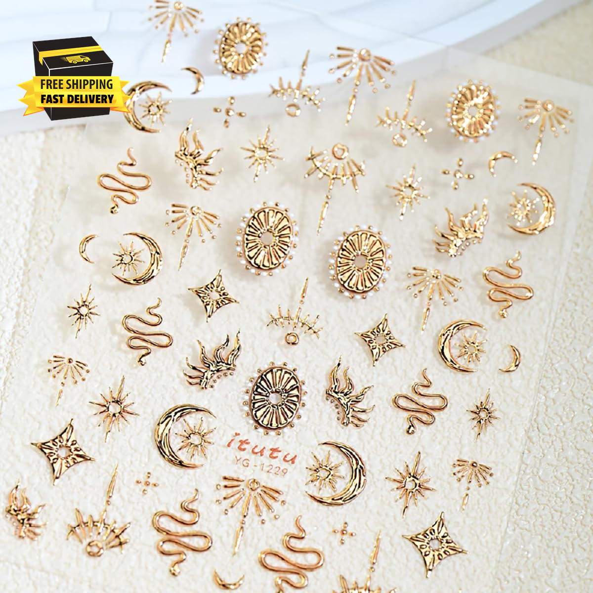 1 Sheets Embossed Star Nail Stickers for Nail Art Gold Snake Nail Decals 5D Self