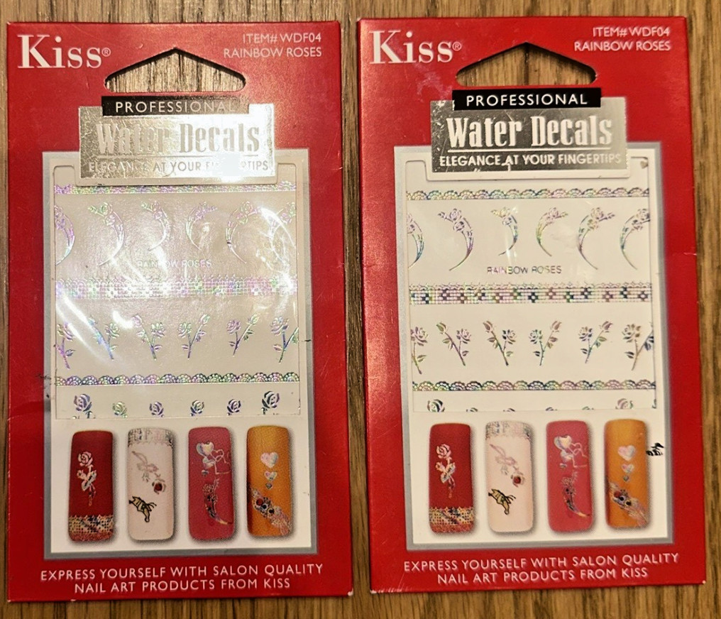 (2) Vintage Kiss Nail Water Decals Designs Butterfly Hearts Roses 90s 