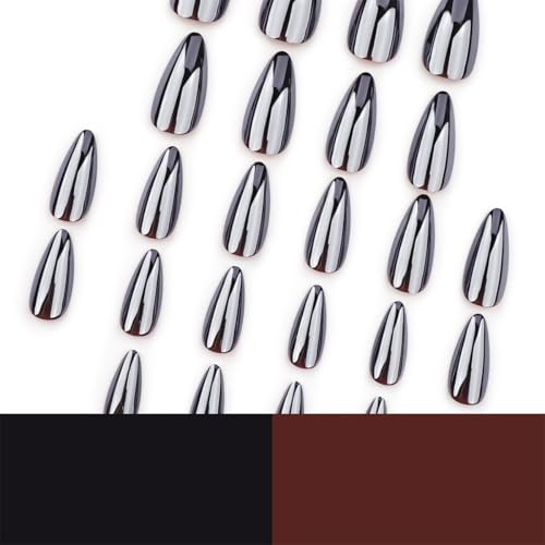 24Pcs Almond Press on Nails Medium Fake Nails Black Aurora Acrylic False Nails