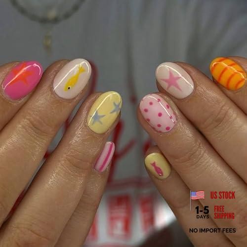 Summer Nail Art Design – Short Oval Fake Nails – Summer8