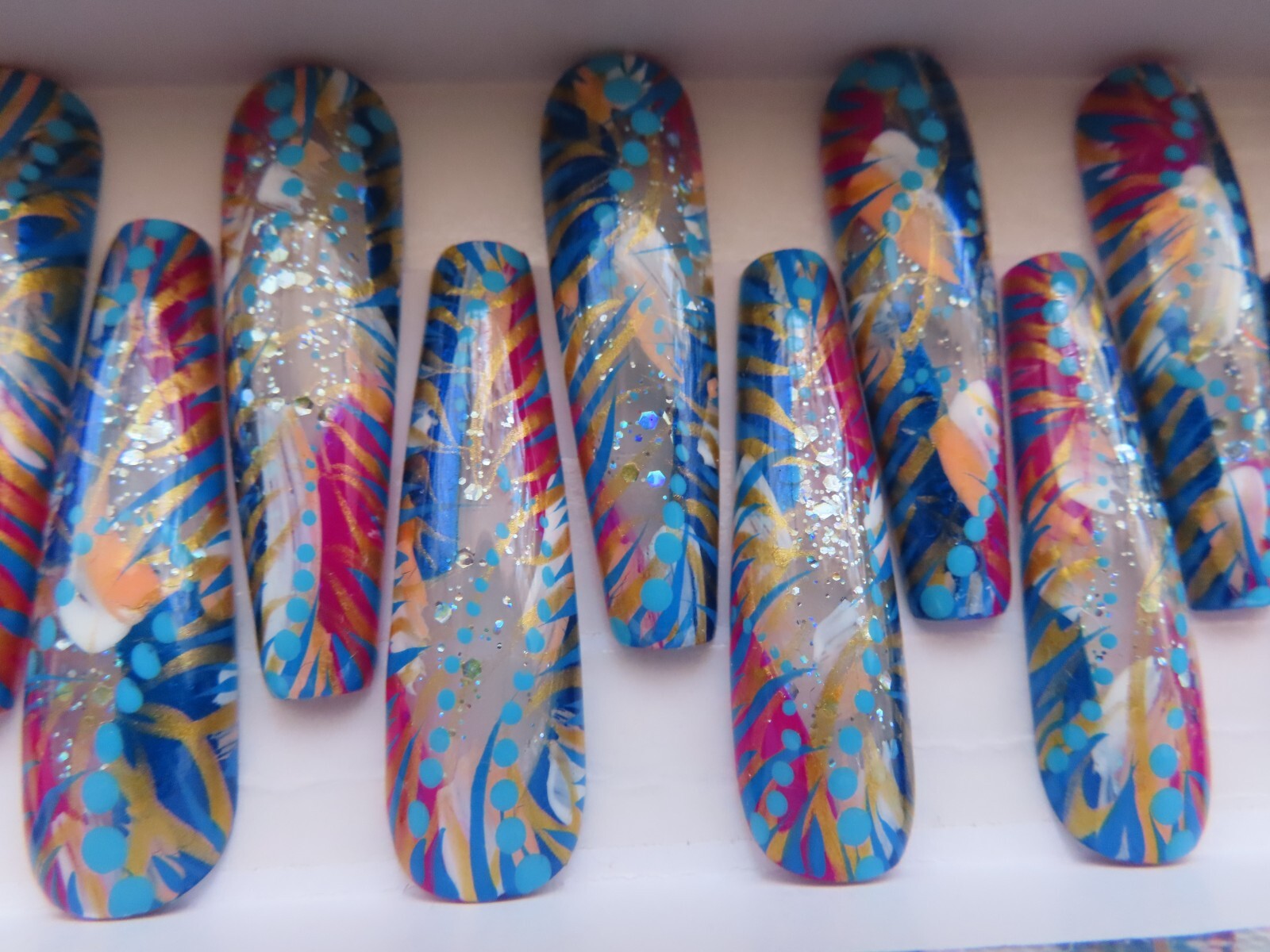 XL Clear Glitter Fuchsia Blue Gold Metallic Abstract Coffin Press On Nails (24)
