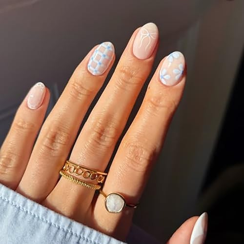 Short Almond Press On Nails Line Fake Nails Press Ons With Flower Bow design-4