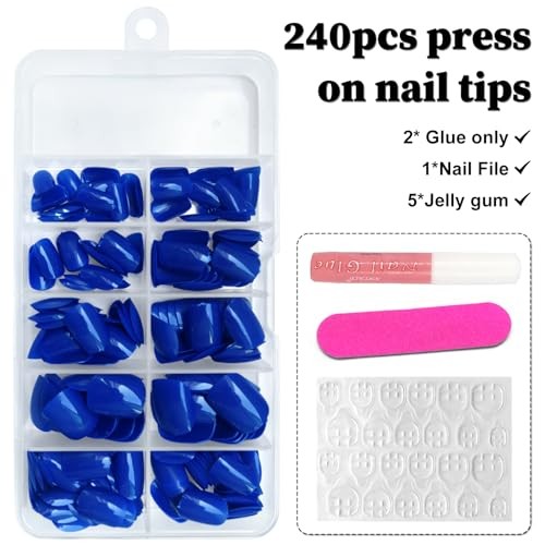 Short Press on Nails Square Round Short Fake Nails Glossy Full Royal Blue