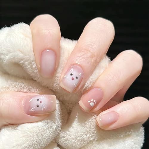 Press on Nails Square Short Length Acrylic Glossy Full Cover Cute White Cat