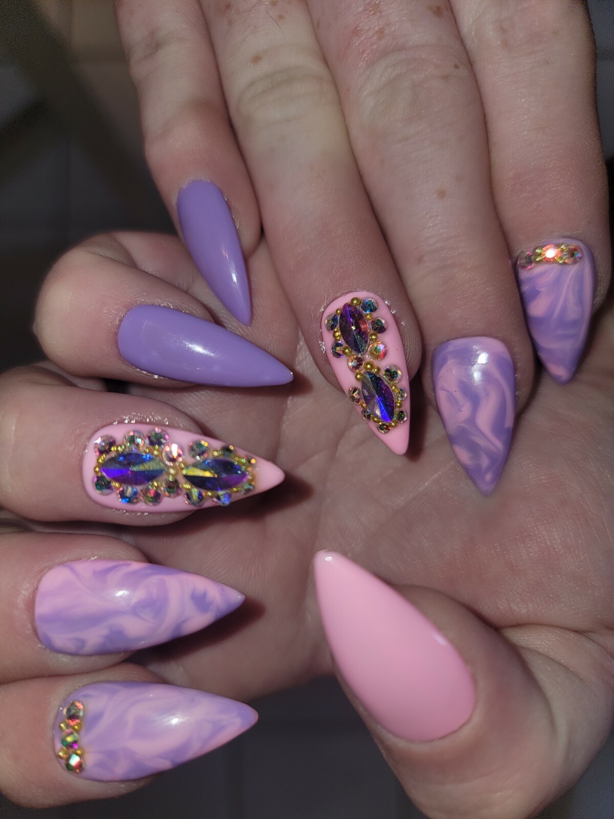 Pink & purple marble bling press on nails stiletto watercolor spring pastel nail