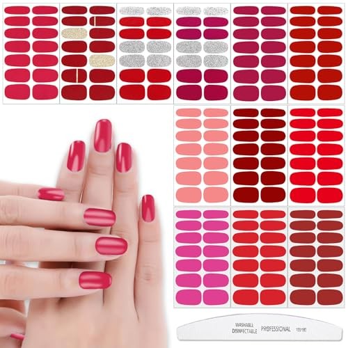 12 Sheets 168 Pcs Red Solid Nail Polish Strips for Style 5 Bright Multi-Color
