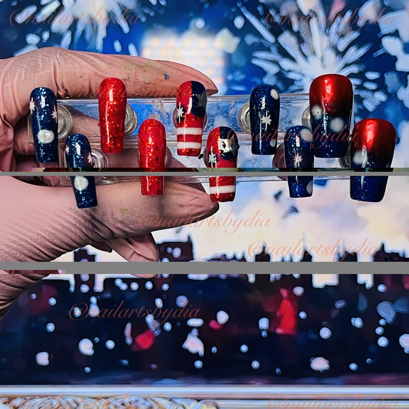 Authentic Nail Arts by Dia Square Press-On Nails Red Blue Glitter Stars