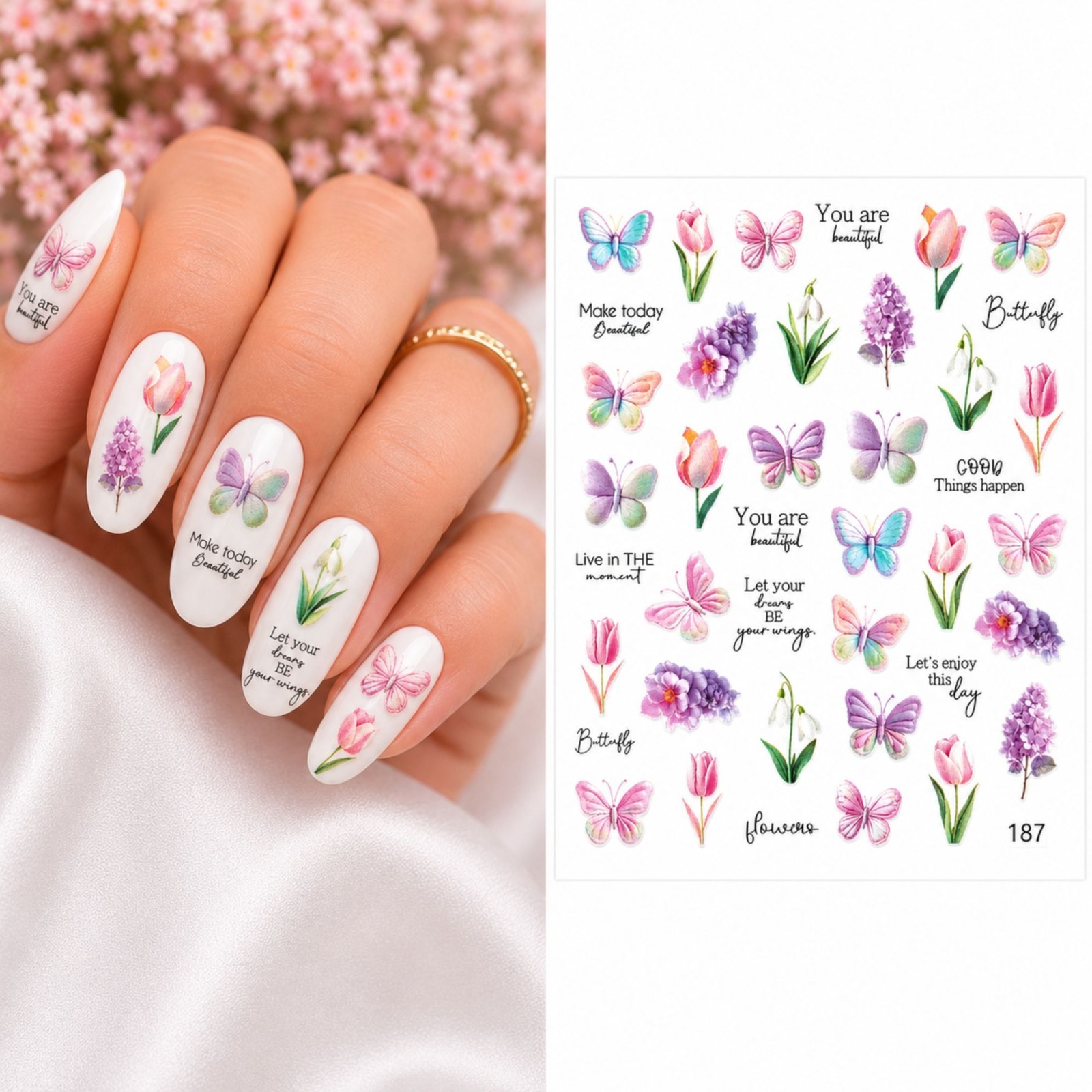 Butterfly Water Transfer Nail Stickers Purple Flower Tulip Nail Decals Manicure