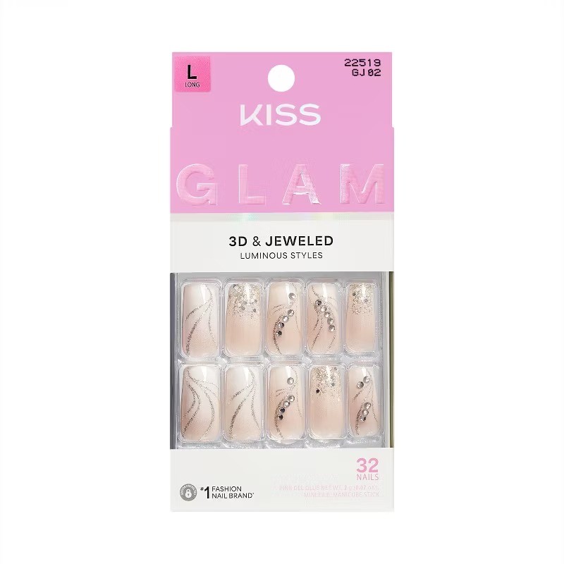 Jeweled Press-On Fake Nails Long Square – Wrapped in Beauty – 35ct