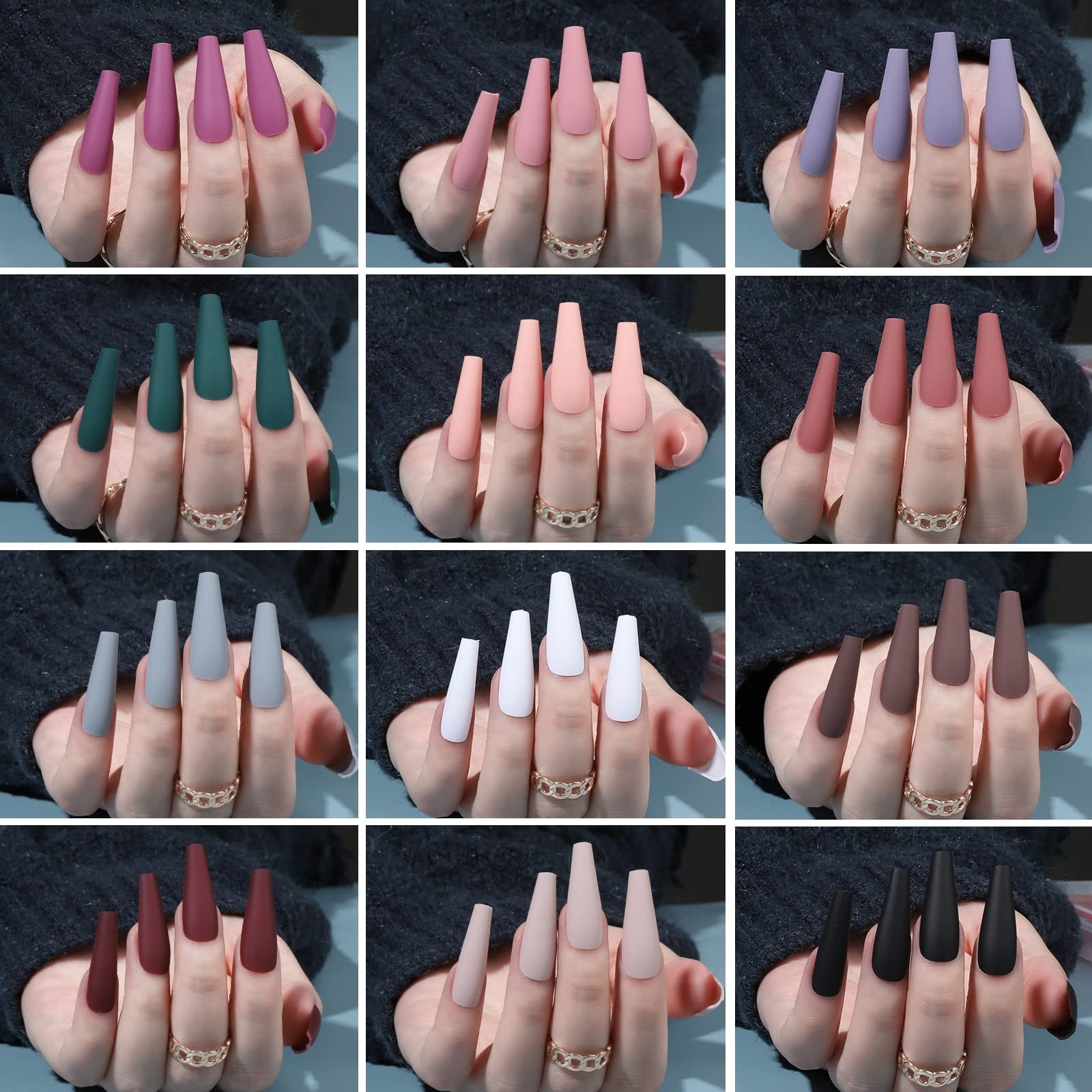 Matte Long Coffin Press On Nails, 240PCS Ballerina Fake Nails with Glue, 12 C