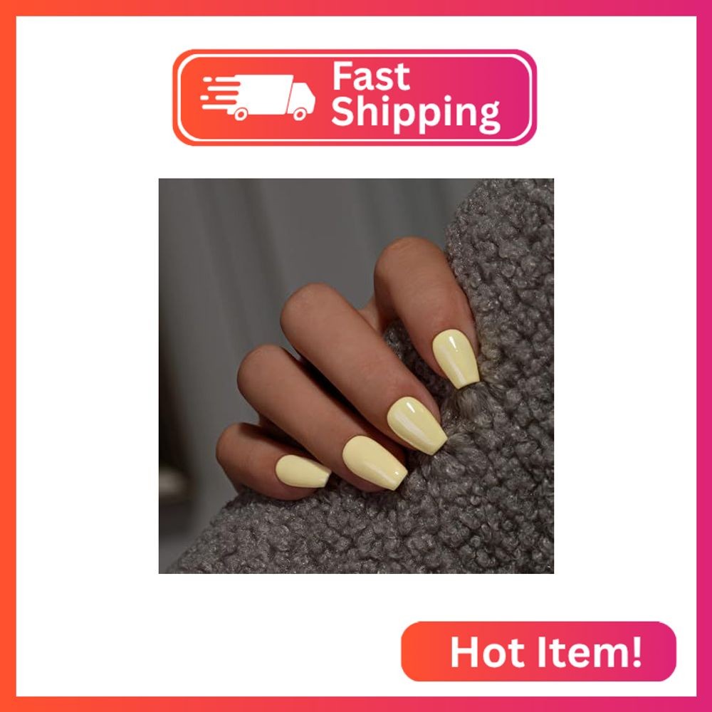 KQueenest Light Yellow Press On Nails Short – Acrylic Press On Nails Coffin, She