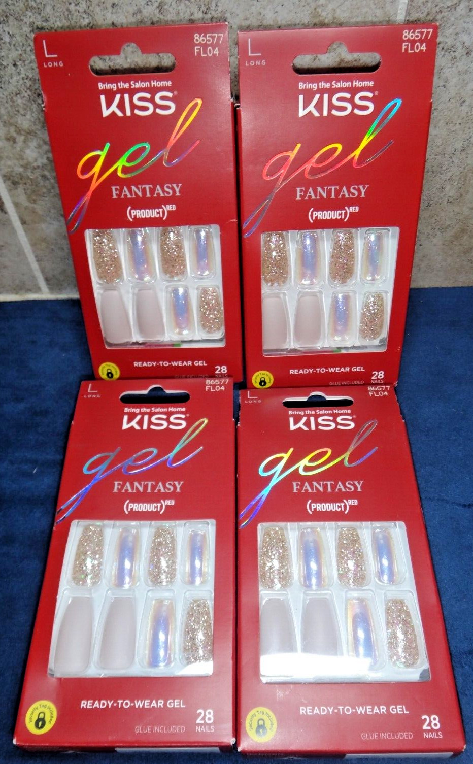 4 BOXES ~KISS Gel Fantasy PRODUCT RED Long Length Nails Pearl Beige Gold Glitter