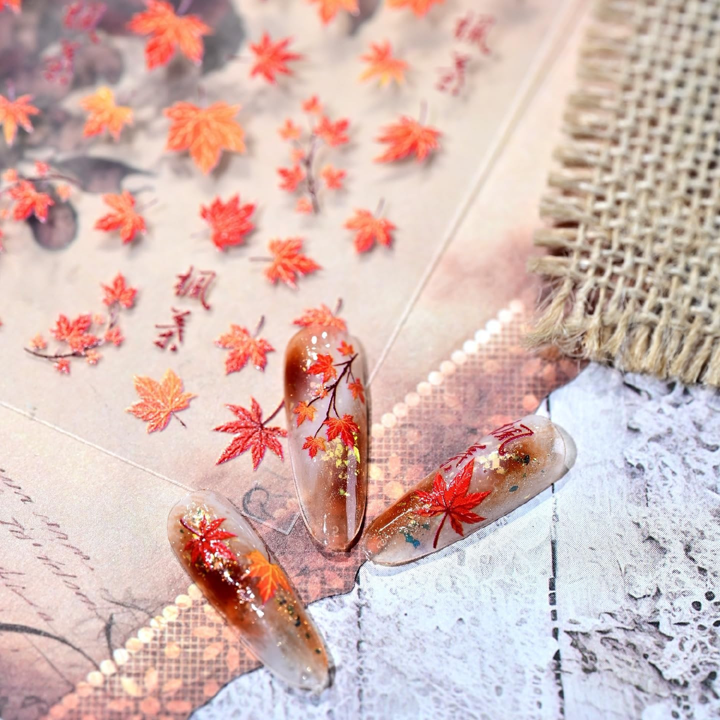 1 Sheet 5D Embossed Autumn Maple Leaves Nail Stickers for Nail Art Thanksgiving