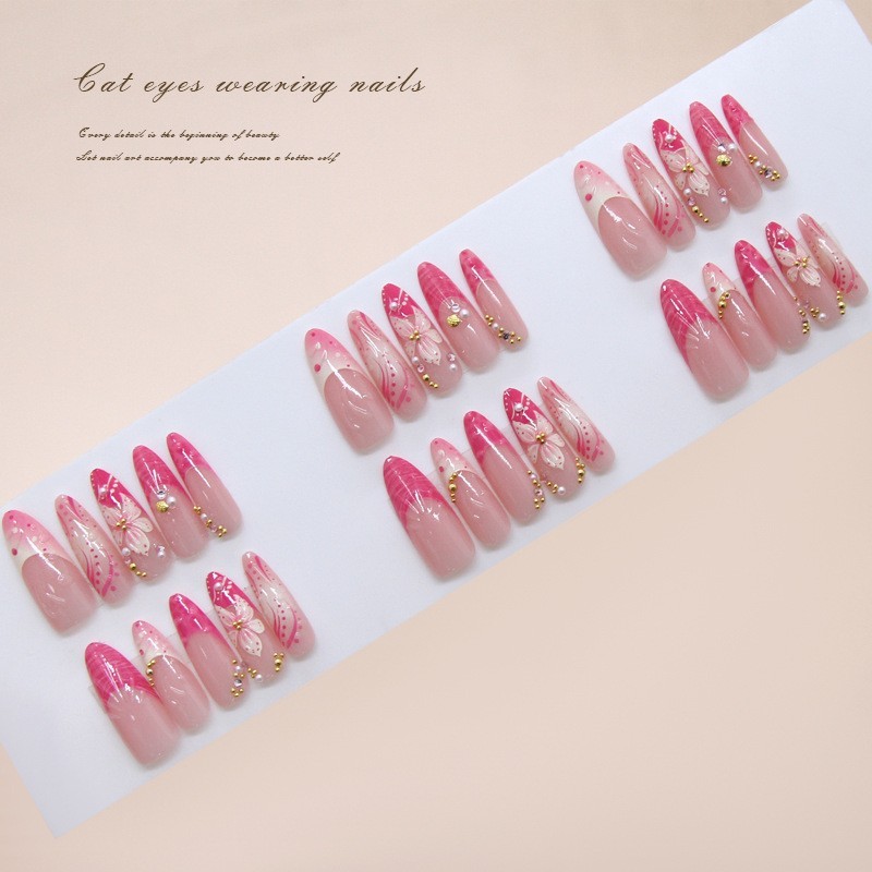 30PCS For french Style Press On Nails with Pearl Rhinestone Floral Art