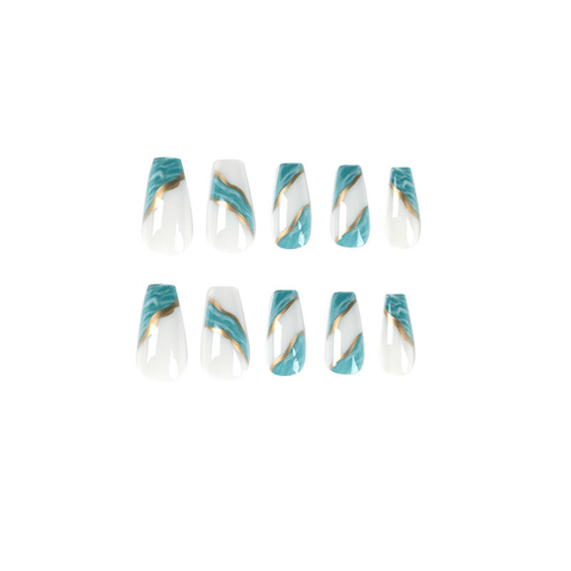 48Pcs-Long Coffin Milky White Base Teal Marble Gold Foil Line Press on Nails