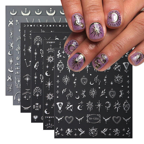 6 Sheets Metallic Nail Art Stickers Decals-3D Self-Adhesive Sun Stars Silver