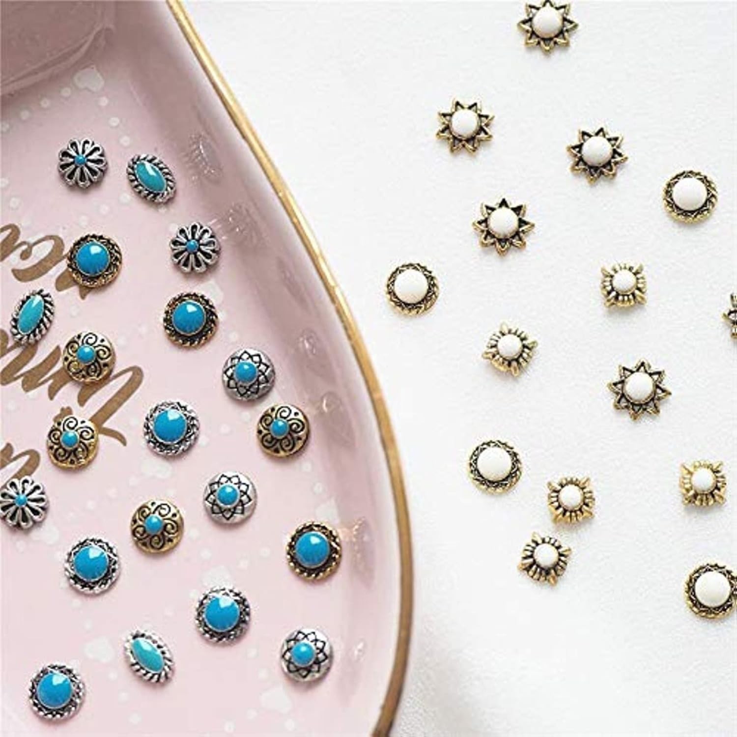 Turquoise Totem Flower Nail Charms – DIY Retro Western Nail Art Decorations 5…