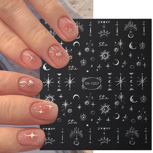 6 Sheets Metallic Nail Art Stickers Decals-3D Self-Adhesive Sun Stars Silver