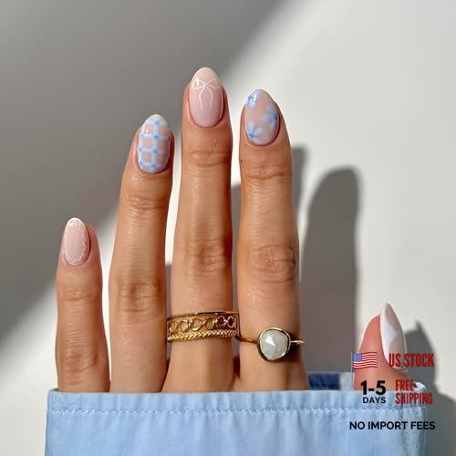 Short Almond Press On Nails Line Fake Nails Press Ons With Flower Bow design-4