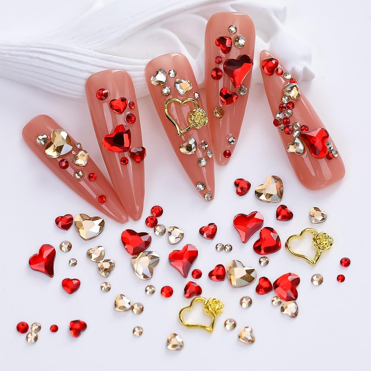 Valentines Nail Charms 3D Heart Nail Charms for Nails Alloy Gold Heart Nail Gems