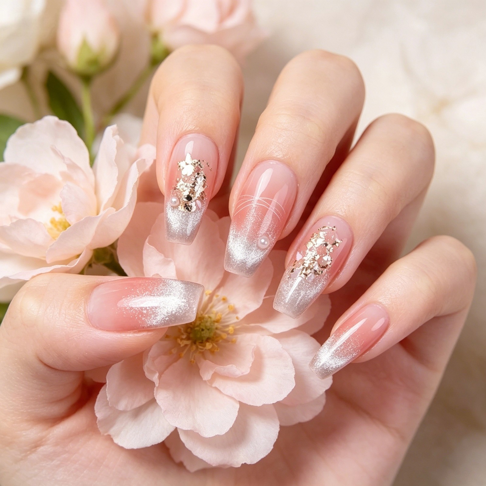 Blush Gradient Cat Eye Coffin Nails Gold Foil Glitter Press On False Nails Brida