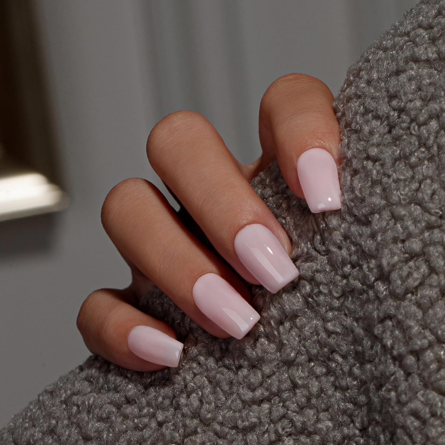 KQueenest Nude Pink Press On Nails Medium Square – Acrylic Coffin Nails, Sheer