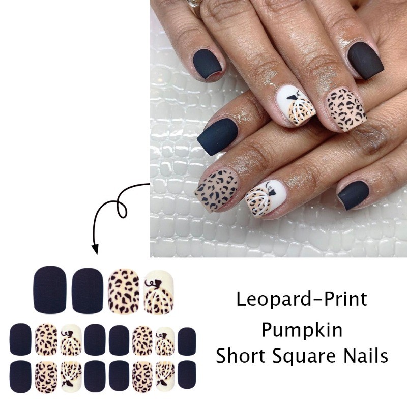 48Pcs-Short Square Matte Black Leopard Pumpkin Autumn Halloween Press on Nails