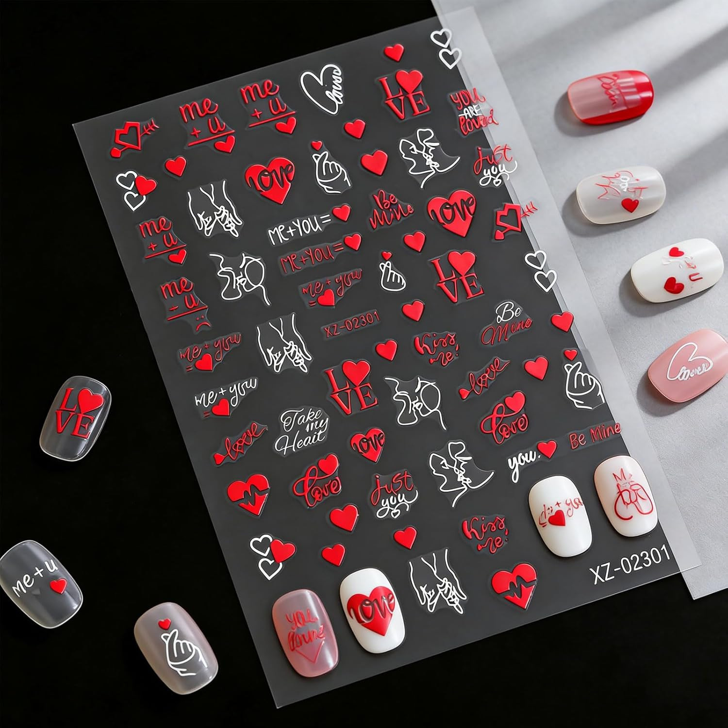 6 Sheets Valentine’S Day Nail Stickers, 3D Red & White Heart Nail Art Decals, Gl