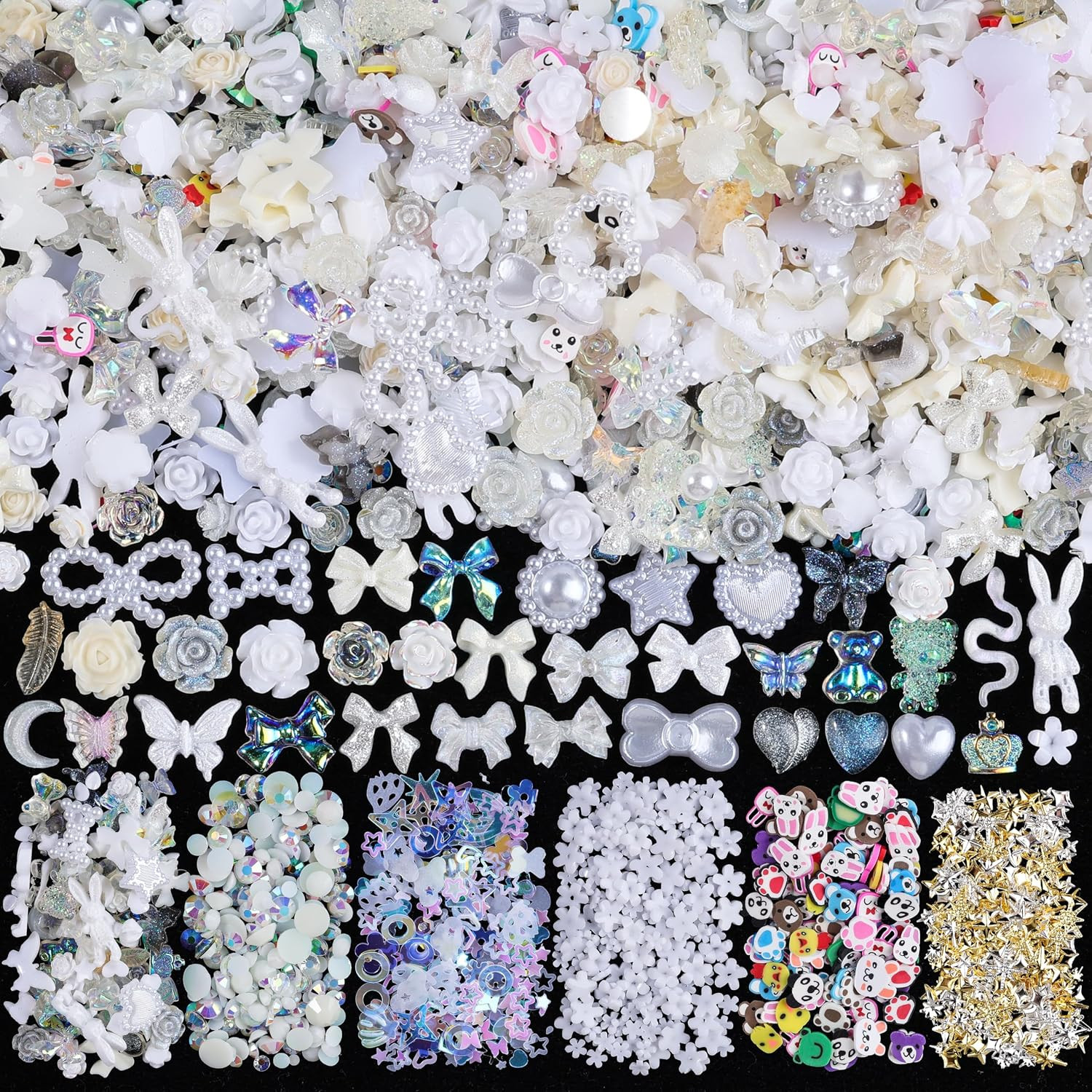 1500Pcs 3D Black Nail Charms for Acrylic Nails, Resin Butterfly Flower Star Hear