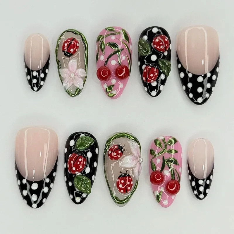 24Pcs Wearable False Nails 3D Flower Strawberry Green Gradient Pearl Mid-length